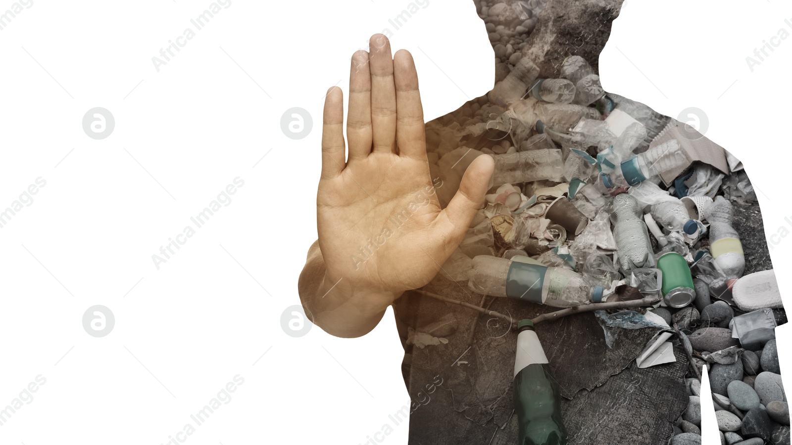 Image of Man showing stop gesture on white background, double exposure with pile of different garbage. Environmental pollution, banner design with space for text