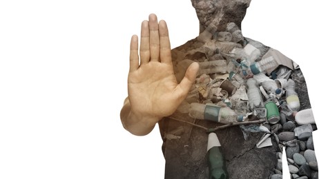 Man showing stop gesture on white background, double exposure with pile of different garbage. Environmental pollution, banner design with space for text