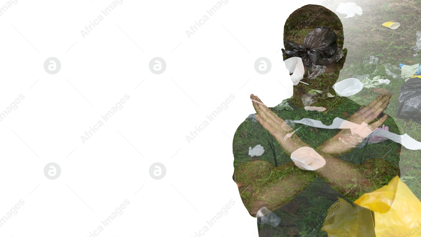 Image of Man showing stop gesture on white background, double exposure with pile of different garbage. Environmental pollution, banner design with space for text