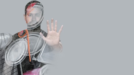 Image of Man showing stop gesture on grey background, double exposure with pile of plastic garbage. Environmental pollution, banner design with space for text