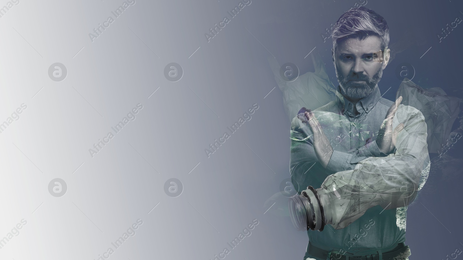 Image of Man showing stop gesture on color gradient background, double exposure with plastic garbage in ocean. Environmental pollution, banner design with space for text