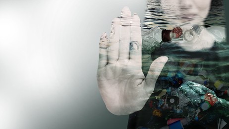 Woman showing stop gesture on color gradient background, double exposure with different garbage in sea. Environmental pollution, banner design with space for text