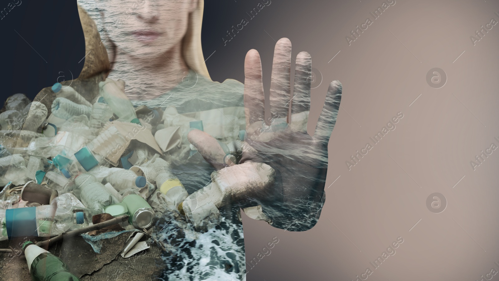 Image of Woman showing stop gesture on color gradient background, double exposure with different garbage in sea. Environmental pollution, banner design with space for text