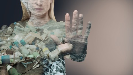 Image of Woman showing stop gesture on color gradient background, double exposure with different garbage in sea. Environmental pollution, banner design with space for text