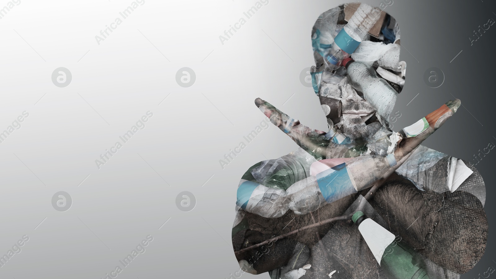 Image of Man showing stop gesture on grey gradient background, double exposure with pile of different garbage. Environmental pollution, banner design with space for text