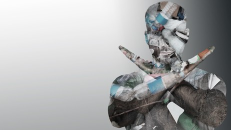 Image of Man showing stop gesture on grey gradient background, double exposure with pile of different garbage. Environmental pollution, banner design with space for text