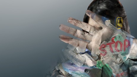 Image of Woman showing stop gesture on grey gradient background, double exposure with pile of different garbage. Environmental pollution, banner design with space for text