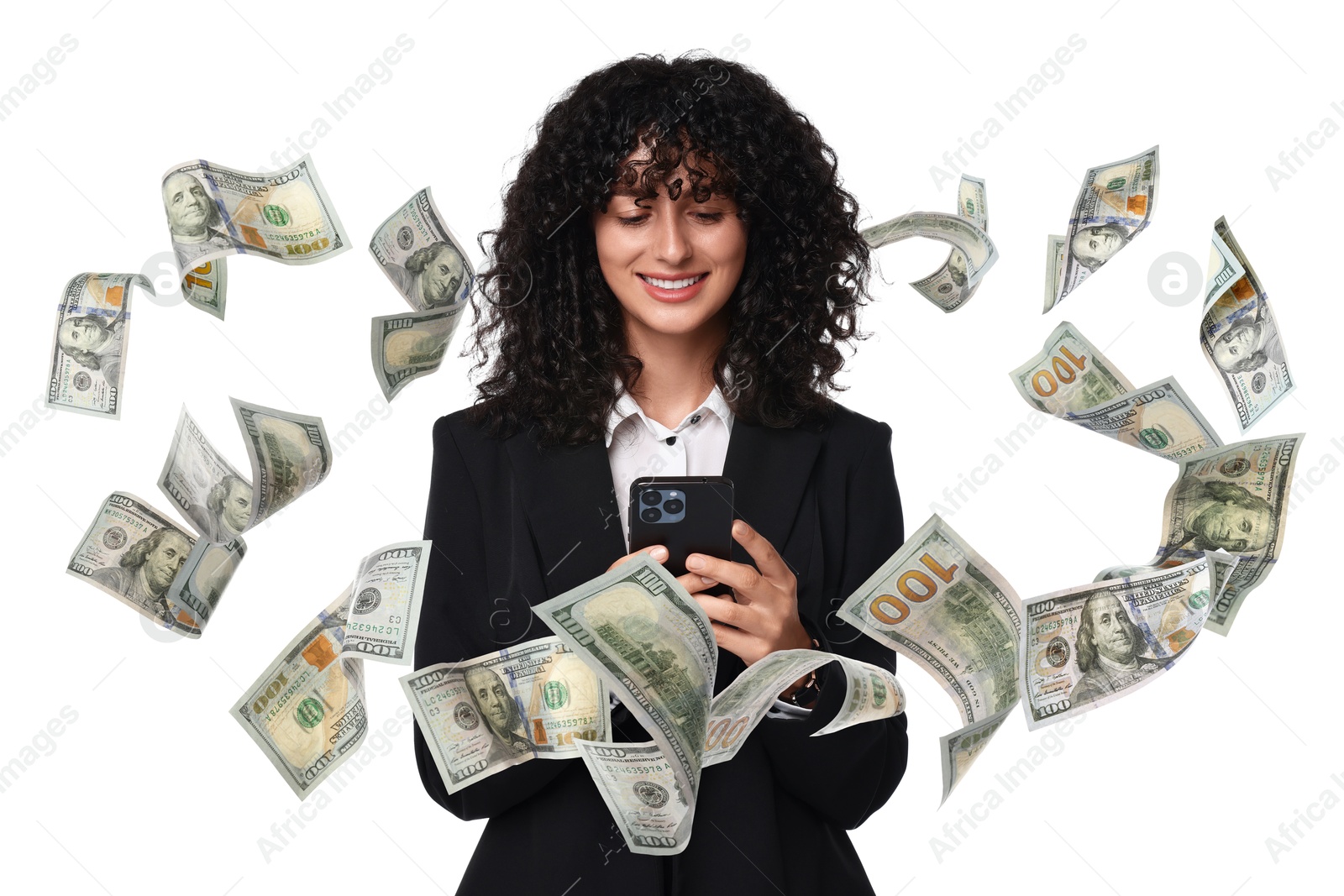 Image of Happy woman using mobile phone on white background. Money out of device flying around her