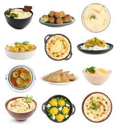 Image of Hummus and other dishes of different national traditional cuisines on white background. Collection