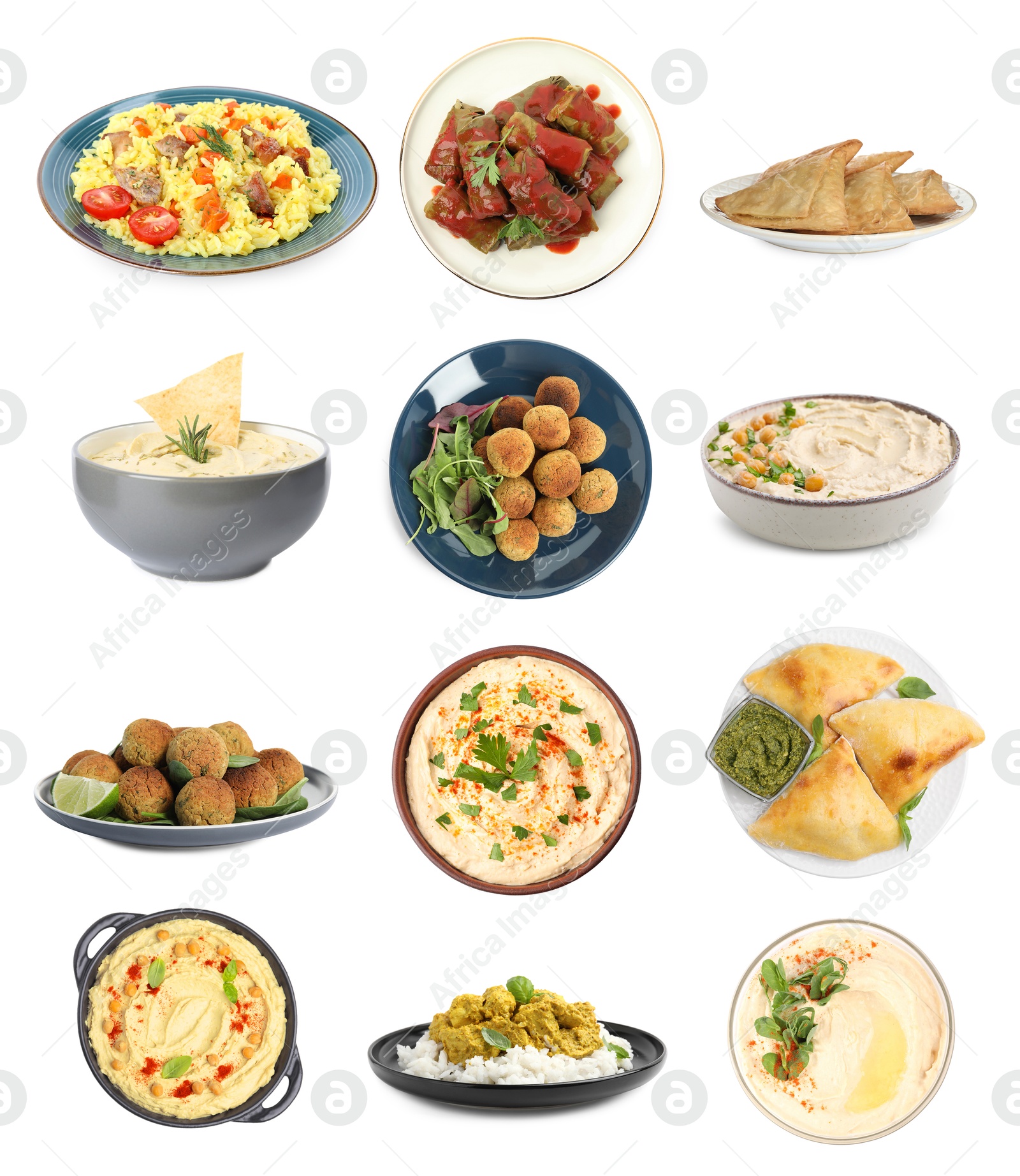 Image of Hummus and other dishes of different national traditional cuisines on white background. Collection