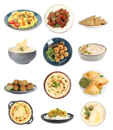 Image of Hummus and other dishes of different national traditional cuisines on white background. Collection