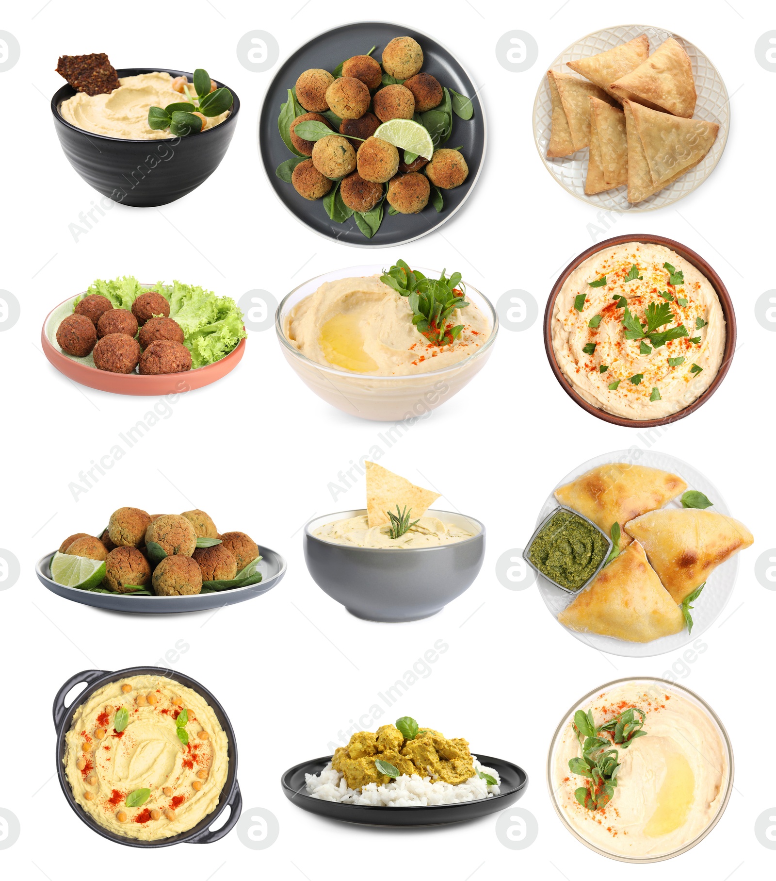 Image of Hummus and other dishes of different national traditional cuisines on white background. Collection