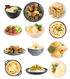 Image of Hummus and other dishes of different national traditional cuisines on white background. Collection