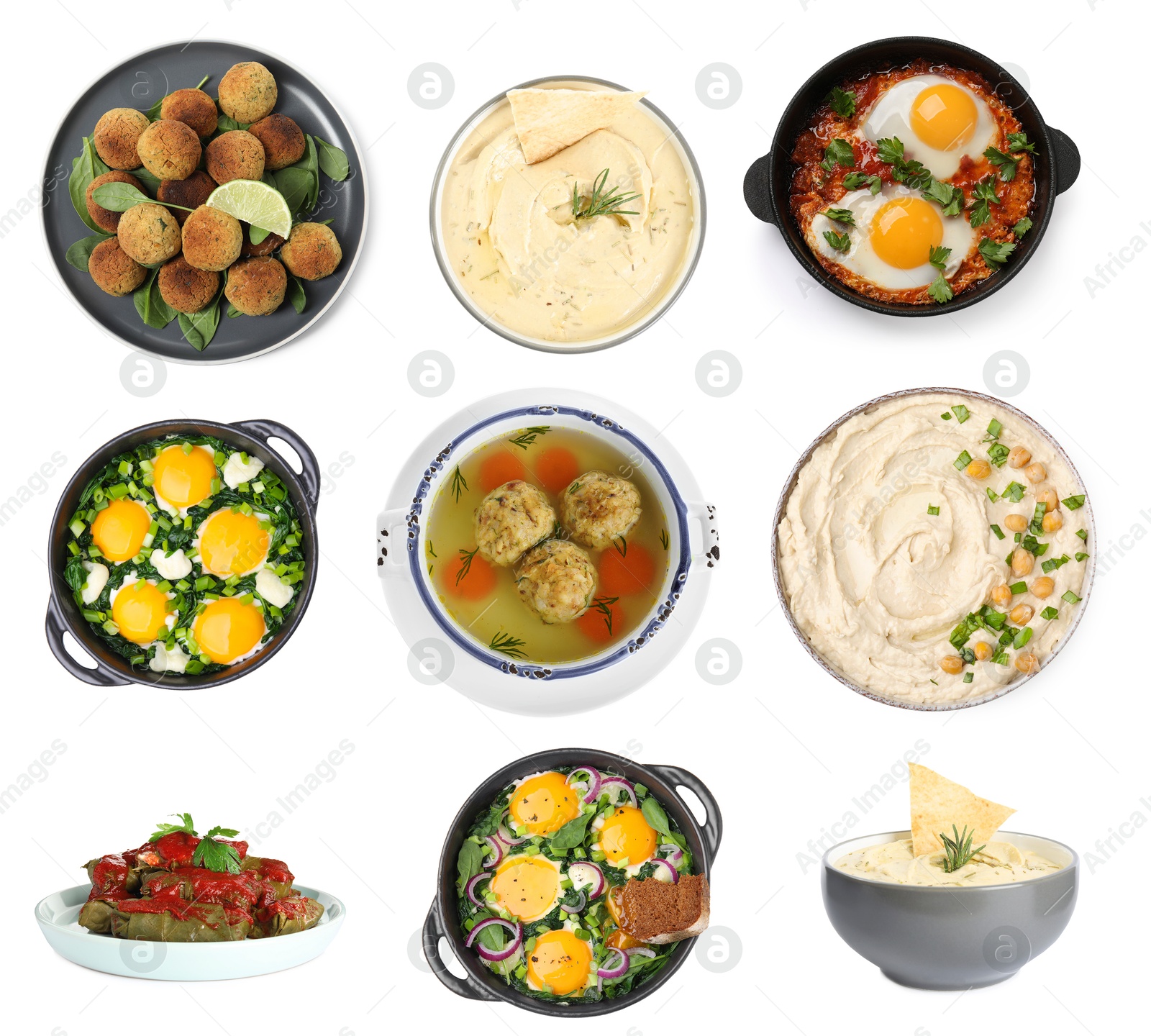 Image of Hummus, falafel balls, sarma, shakshuka and matzo balls on white background. Collection with dishes of different national traditional cuisines