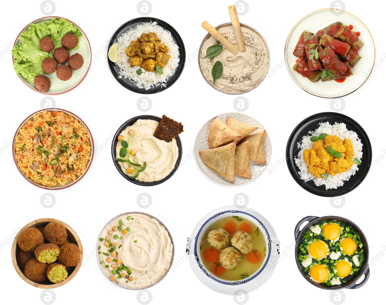 Image of Hummus and other dishes of different national traditional cuisines on white background, top view. Collection