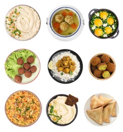 Image of Hummus, matzo balls, shakshuka, falafel balls, samosas, pilaf and rice with curry on white background, top view. Collection with dishes of different national traditional cuisines