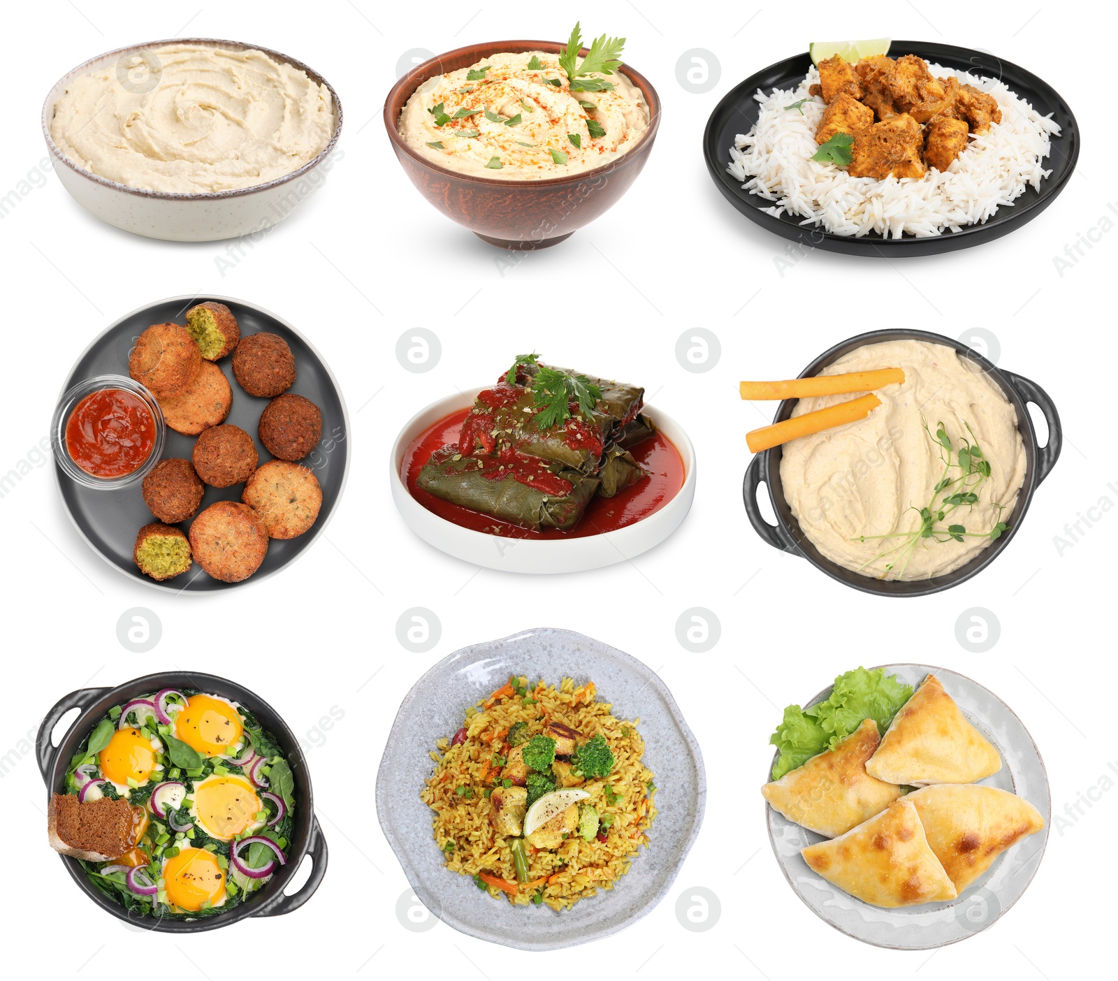 Image of Hummus and other dishes of different national traditional cuisines on white background. Collection