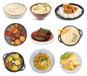 Image of Hummus and other dishes of different national traditional cuisines on white background. Collection