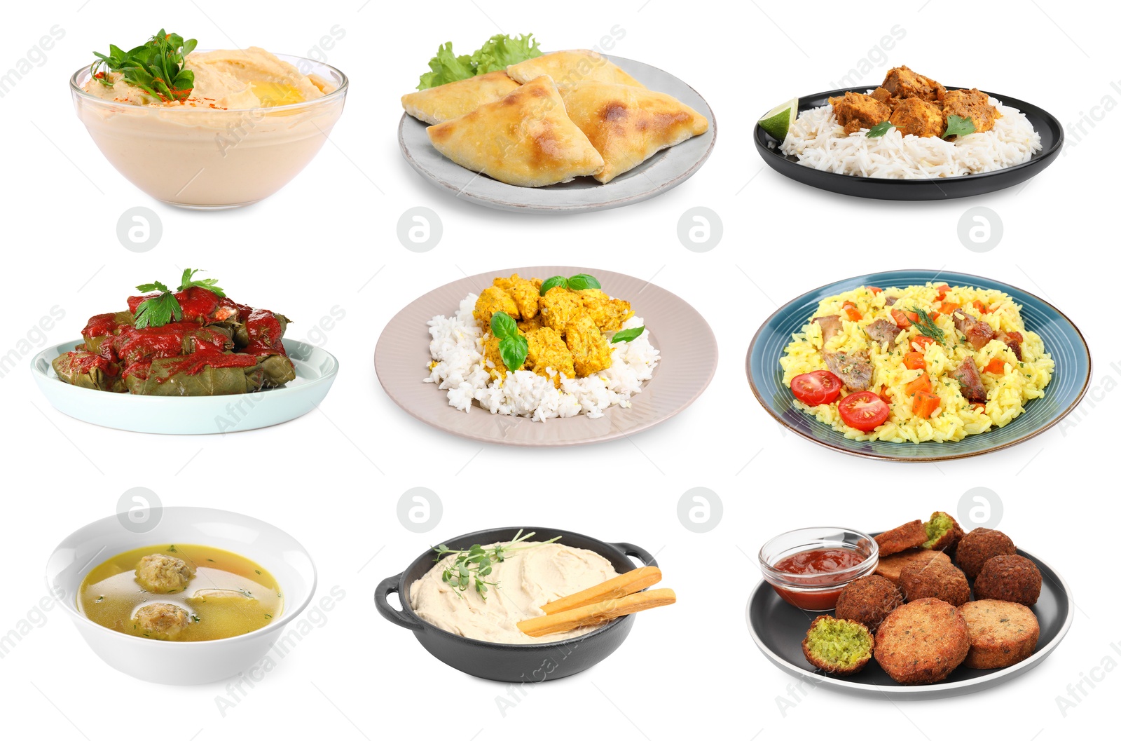 Image of Hummus and other dishes of different national traditional cuisines on white background. Collection