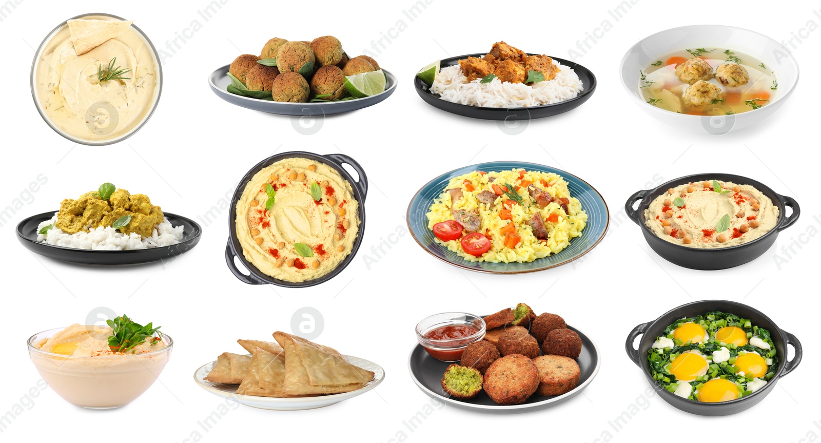 Image of Hummus and other dishes of different national traditional cuisines on white background. Collection