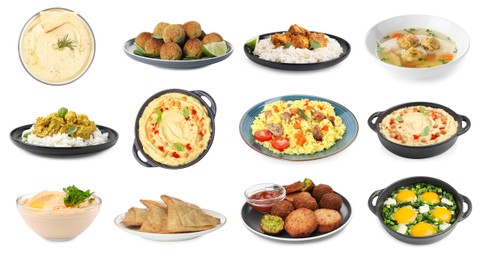 Image of Hummus and other dishes of different national traditional cuisines on white background. Collection