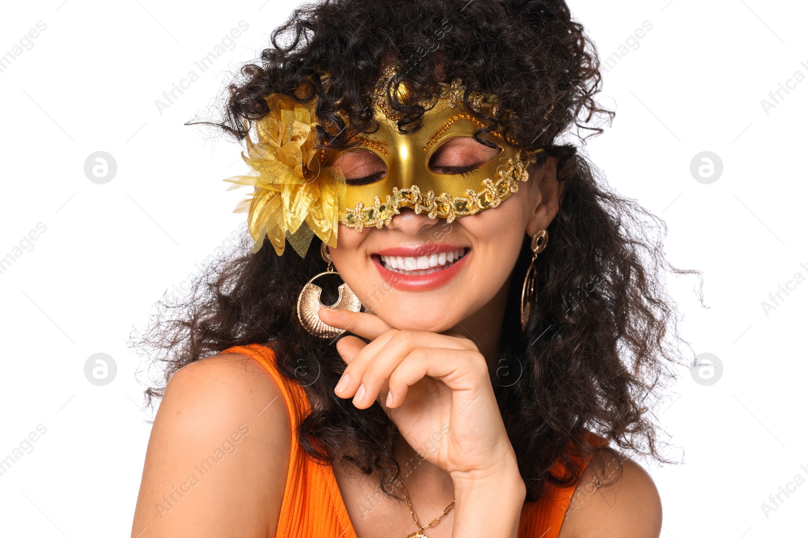 Photo of Smiling young woman wearing carnival mask on white background