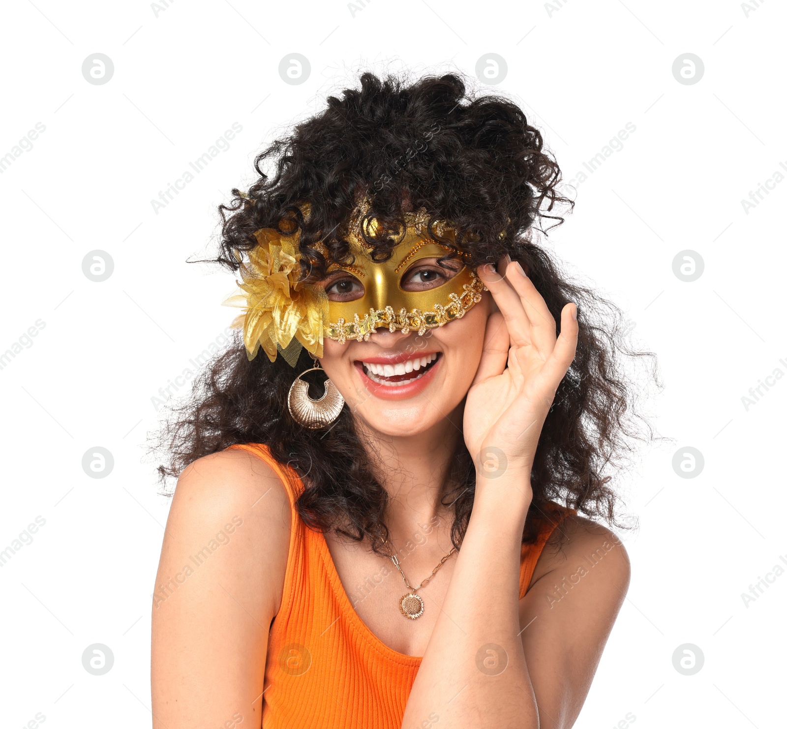 Photo of Smiling young woman wearing carnival mask on white background