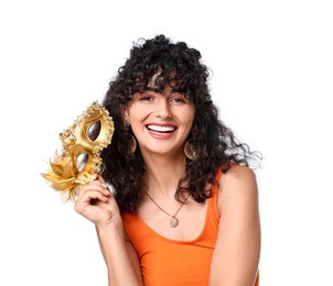 Smiling young woman with carnival mask isolated on white