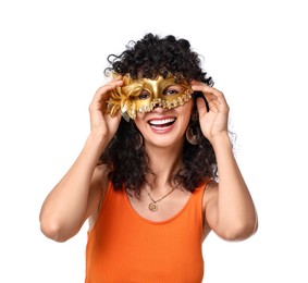 Photo of Smiling young woman wearing carnival mask on white background