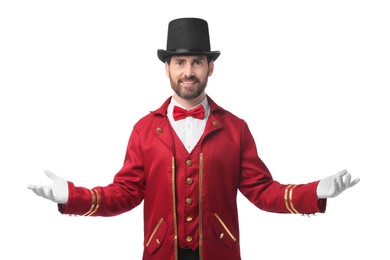 Portrait of showman in red costume and hat on white background