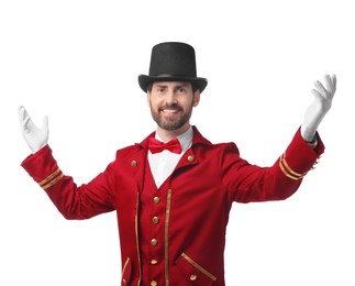 Photo of Portrait of showman in red costume and hat on white background