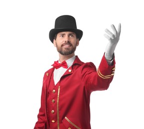 Photo of Portrait of showman in red costume and hat on white background