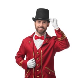 Photo of Portrait of showman in red costume and hat on white background