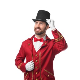 Photo of Portrait of showman in red costume and hat on white background