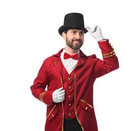 Photo of Portrait of showman in red costume and hat on white background