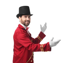 Photo of Portrait of showman in red costume and hat on white background