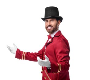 Portrait of showman in red costume and hat on white background