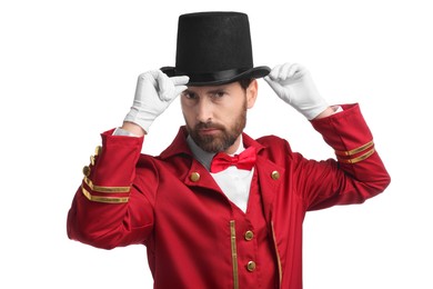 Portrait of showman in red costume and hat on white background