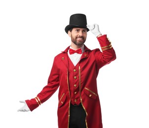 Photo of Portrait of showman in red costume and hat on white background