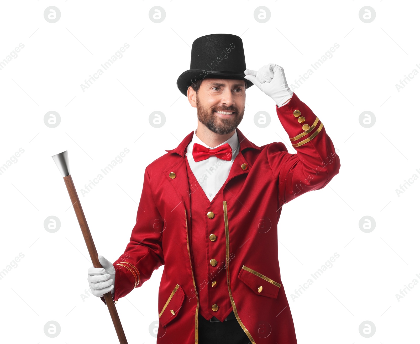 Photo of Portrait of showman in red costume and hat on white background