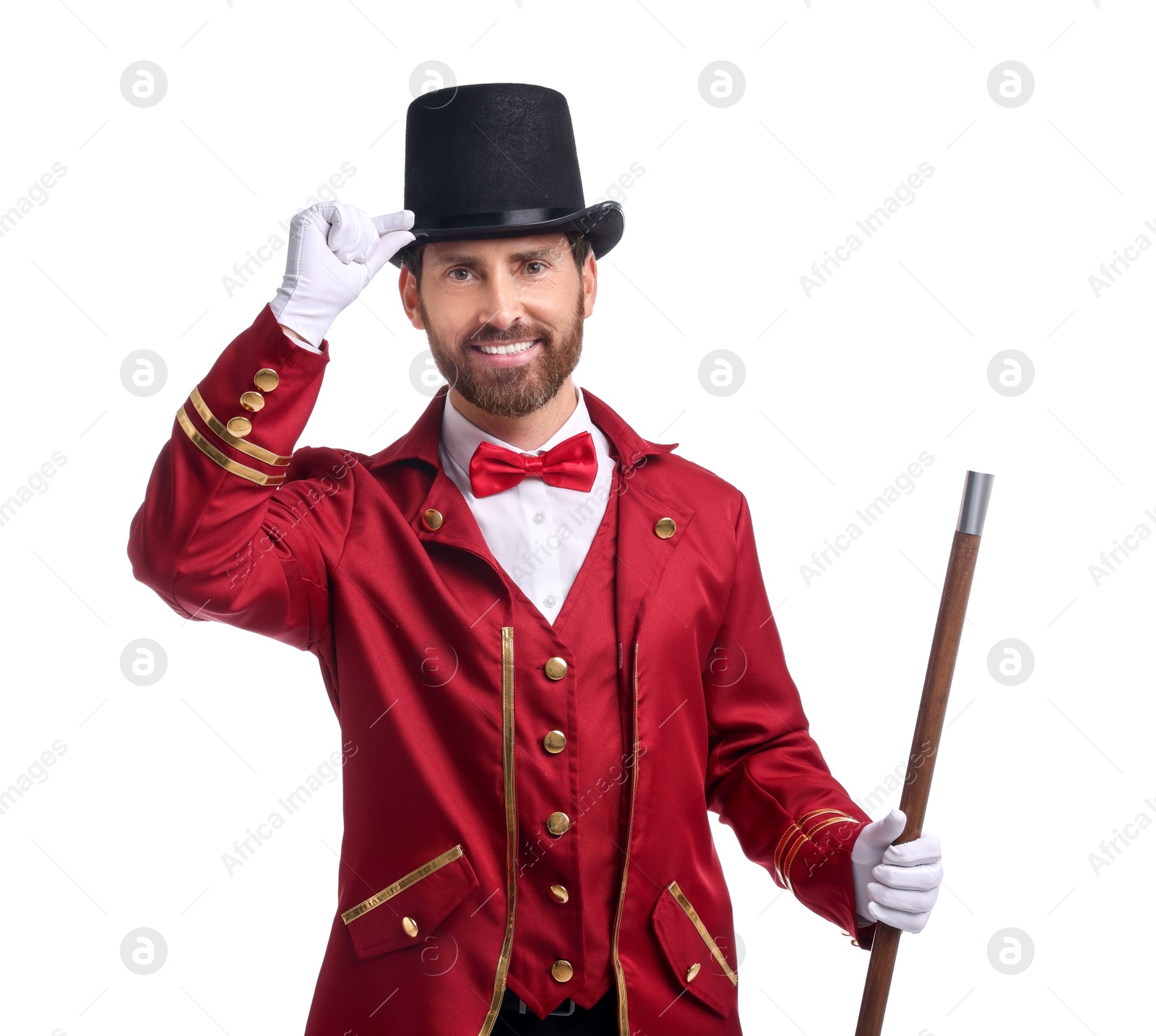 Photo of Portrait of showman in red costume and hat on white background