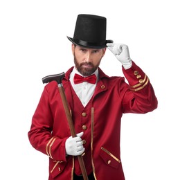 Photo of Portrait of showman in red costume and hat on white background