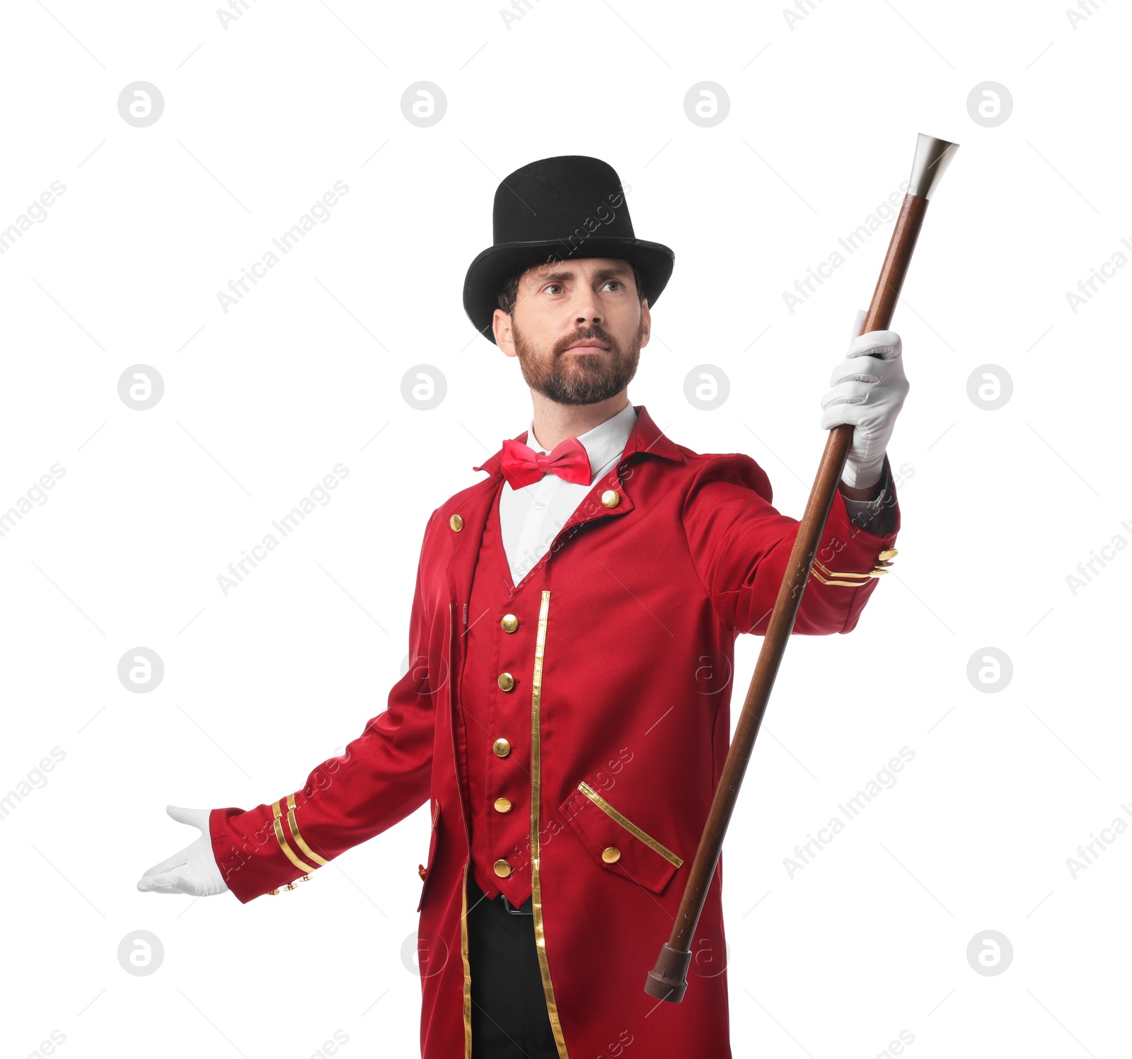 Photo of Portrait of showman in red costume and hat on white background