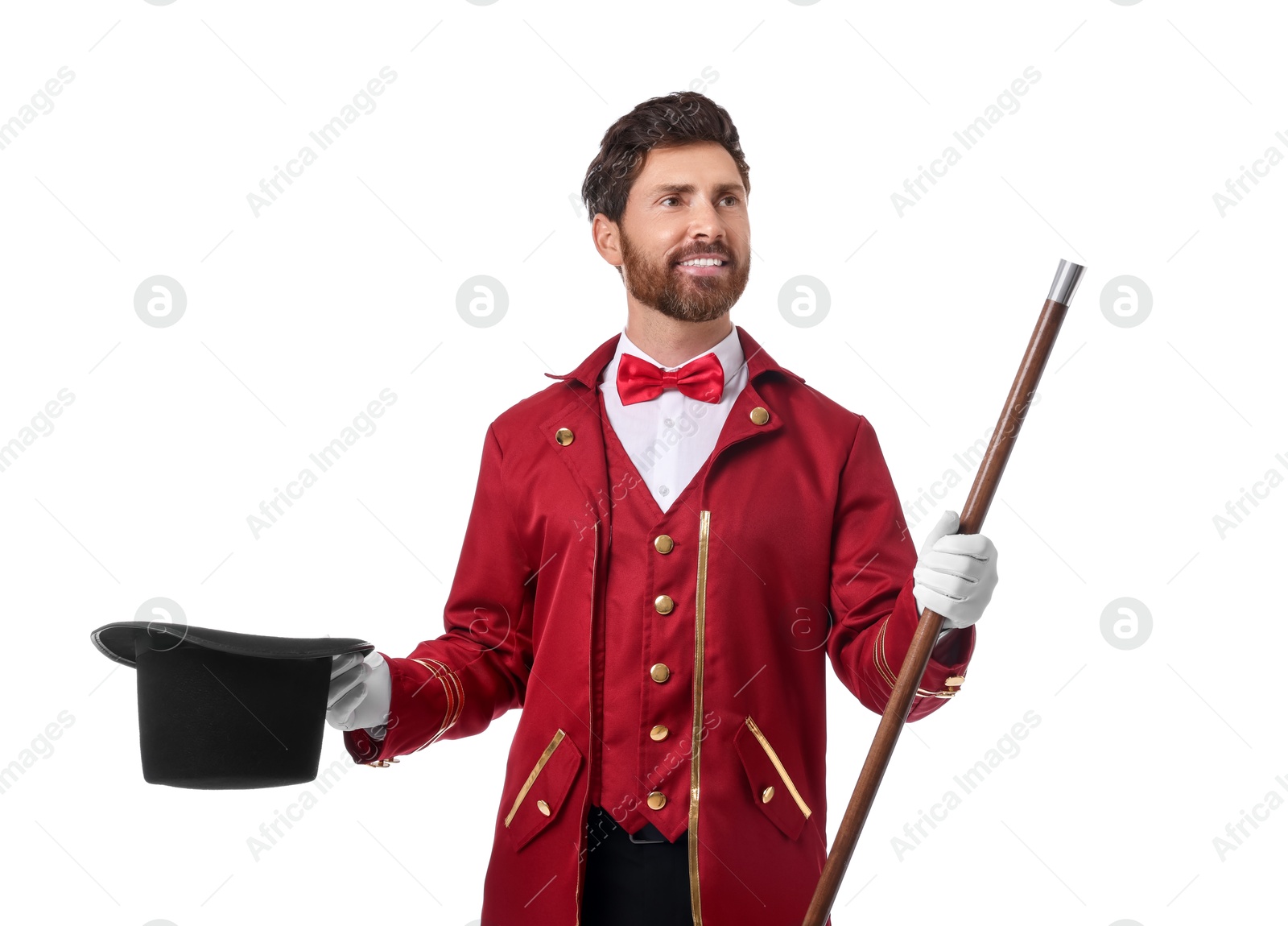 Photo of Portrait of showman in red costume and hat on white background