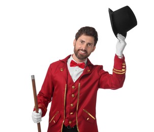 Photo of Portrait of showman in red costume and hat on white background