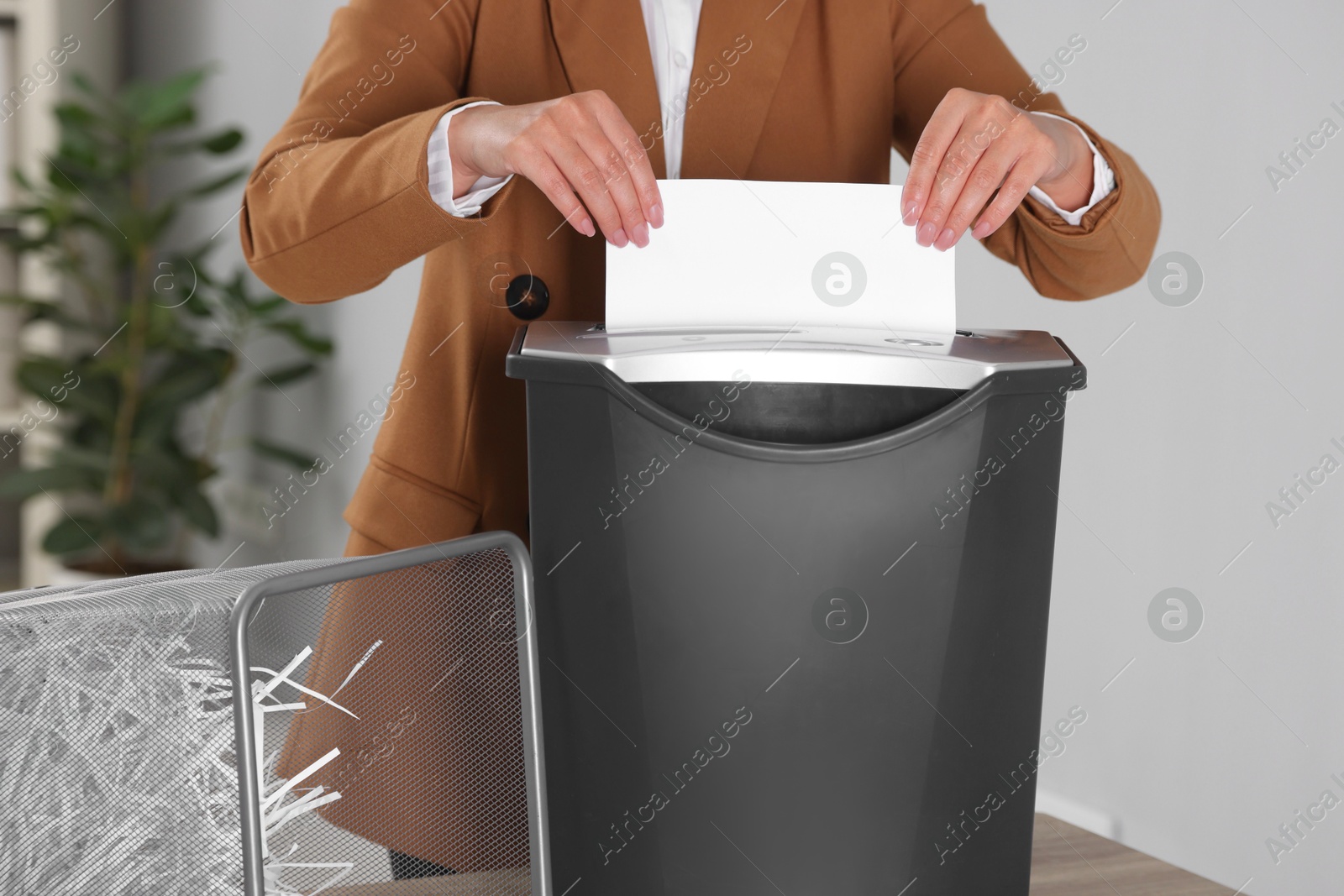 Photo of Woman destroying sheet of paper with shredder in office, closeup