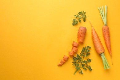 Photo of Whole and cut fresh carrots with green leaves on yellow background, flat lay. Space for text