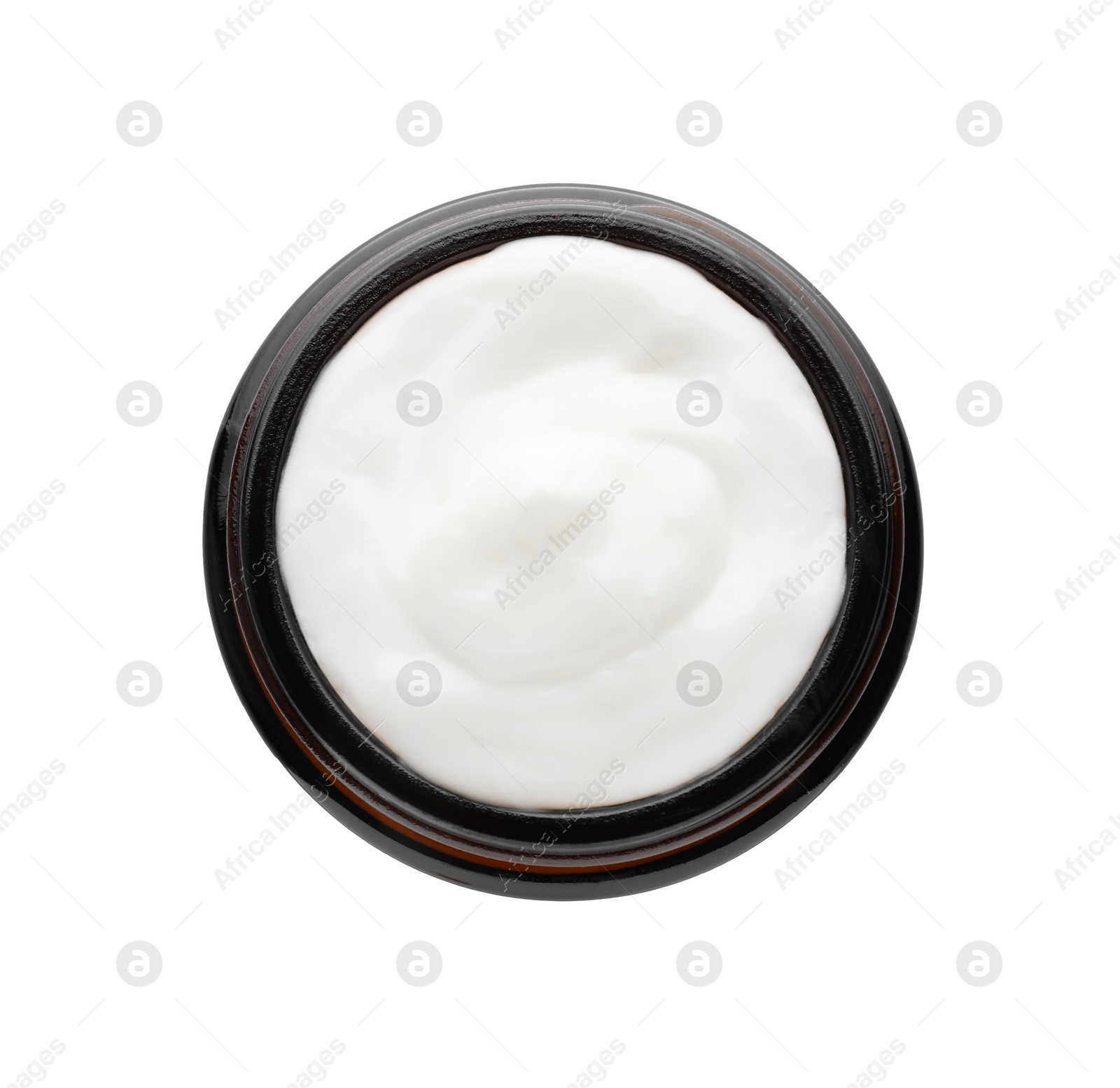 Photo of Jar of facial cream isolated on white, top view