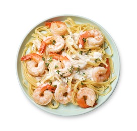 Photo of Delicious pasta with shrimps and creamy sauce isolated on white, top view