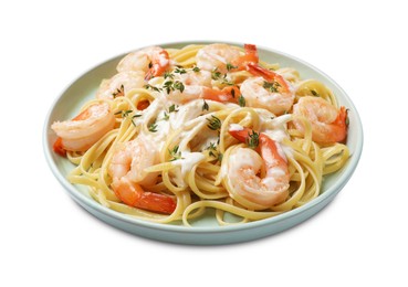 Delicious pasta with shrimps and creamy sauce isolated on white